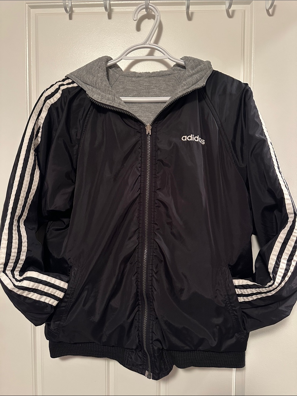 adidas Black Grey vintage Hooded Puffer Jacket with White Stripes